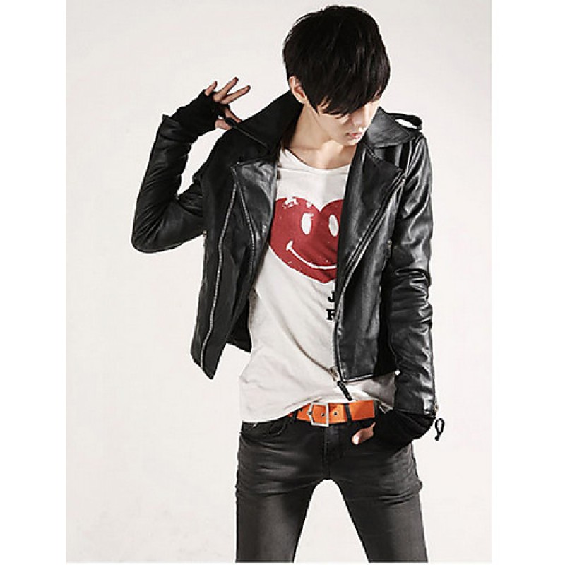 Hot Sale Men's Slim Fit Buckles Collar Leather PU Leather Jacket Coat