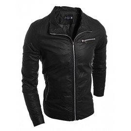 Men's Fashion Style Zipper Decorative Slim Leather Jacket