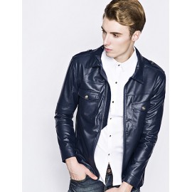 Men's European Style Fashion Double Pocket Slim Fit Motorcycle Leather Jacket