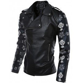 Men's Long Sleeve Casual Jacket,PU / Cotton Print Black