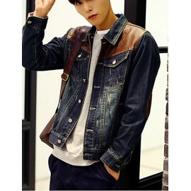 Men's Long Sleeve Casual Jacket,PU / Cotton Patchwork Blue