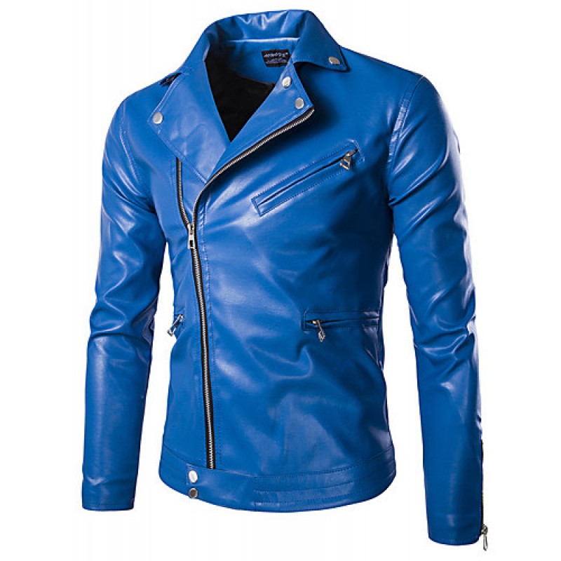 Men's Long Sleeve Casual / Formal / Plus Size Jacket,Special Leather Types Solid Black / Blue