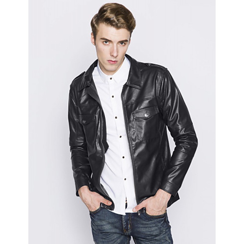 Men's European Style Fashion Double Pocket Slim Fit Motorcycle Leather Jacket