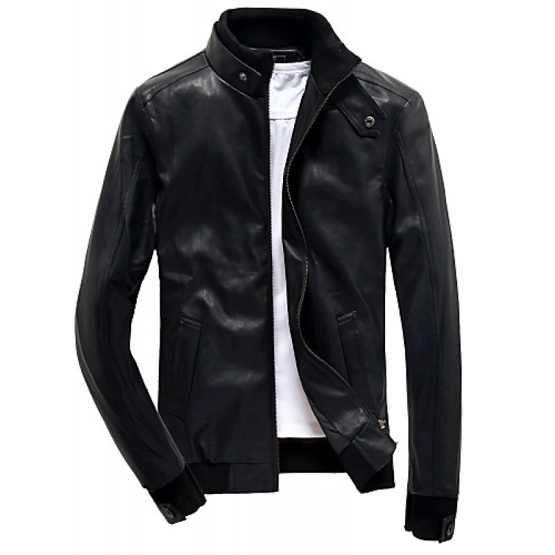 Men's Fashion Solid Stand Collar Slim Fit Casual Leather Jacket,PU / Solid