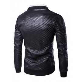 Men's Slim Plaid Sleeve Pocket Design Motorcycle Leather Jacket,PU / Polyester Color Block Black / White