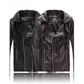 Hot Sale Men's Slim Fit Buckles Collar Leather PU Leather Jacket Coat