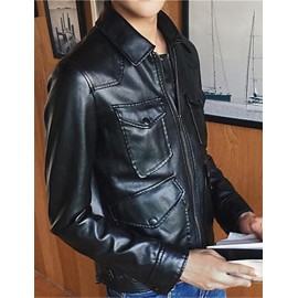 Men's Lapel Solid Casual PU Jacket