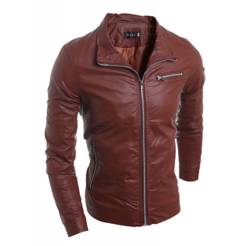 Men's Fashion Style Zipper Decorative Slim Leather Jacket