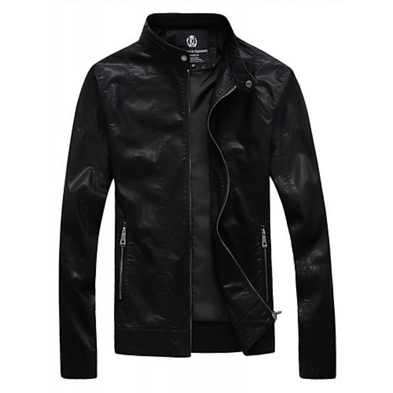 Men's Casual Stand Up Collar Washed Leather Motorcycle Jacket,Lined