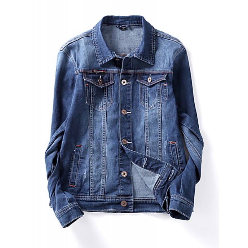 Men's Korean Slim Stretch Bleached Denim Jacket,Cotton / Polyester Solid Blue