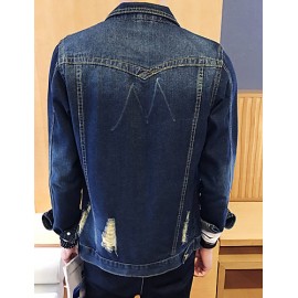 Men's Fashion Solid Broken Hole Slim Fit Casual Long Sleeve Denim Jacket,Cotton/Print/Casual/Plus Size