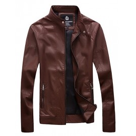 Men's Casual Stand Up Collar Washed Leather Motorcycle Jacket,Lined
