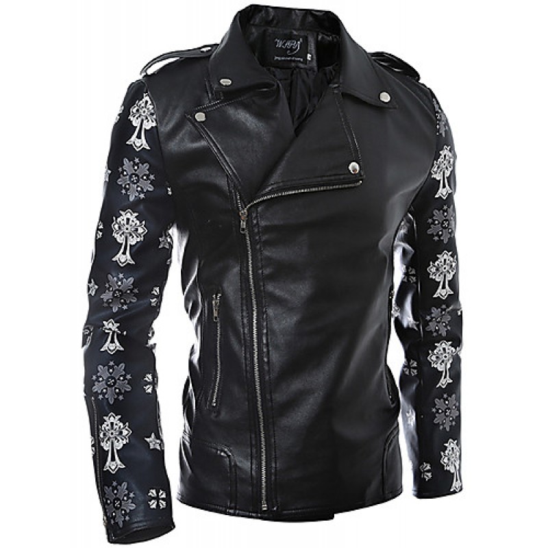 Men's Long Sleeve Casual Jacket,PU / Cotton Print Black