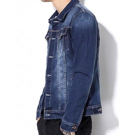 Men's Korean Slim Stretch Bleached Denim Jacket,Cotton / Polyester Solid Blue