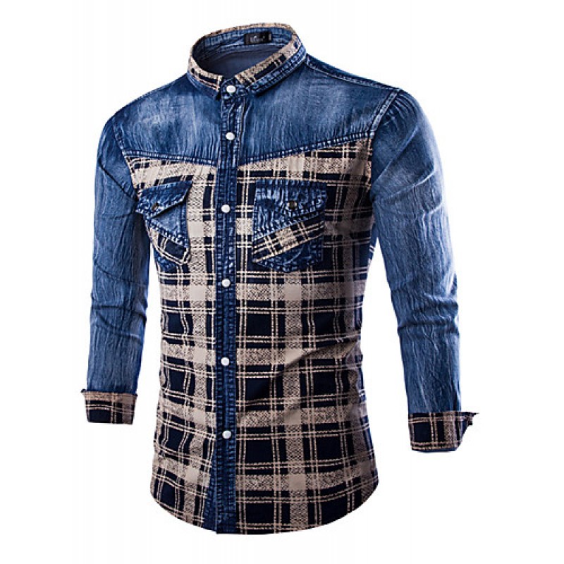 Men's Plaids & Checks Long Sleeve Top , Cotton / Denim Casual