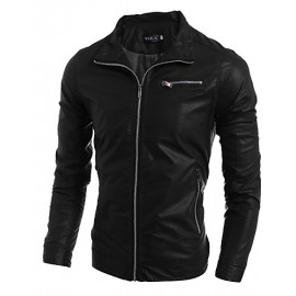 Men's Fashion Style Zipper Decorative Slim Leather Jacket