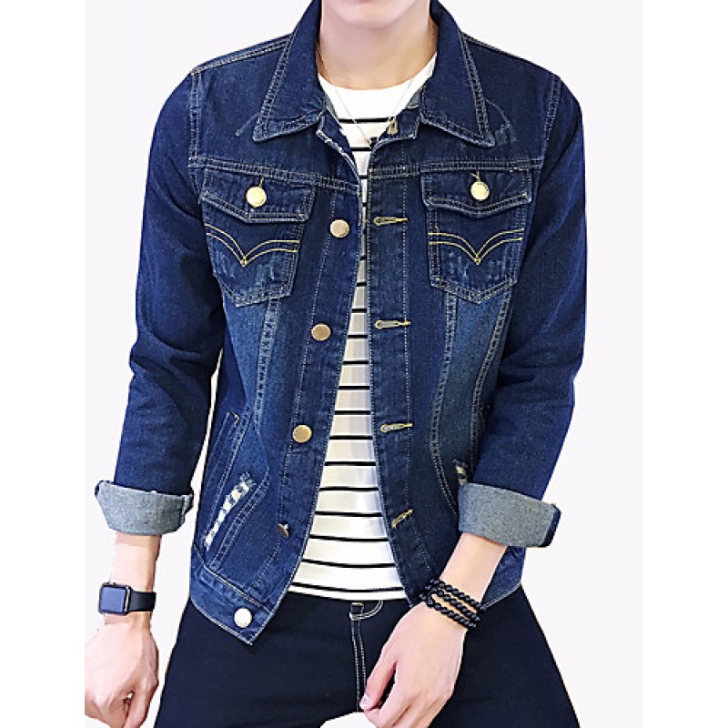 Men's Fashion Solid Broken Hole Slim Fit Casual Long Sleeve Denim Jacket,Cotton/Print/Casual/Plus Size