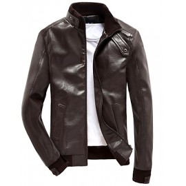 Men's Fashion Solid Stand Collar Slim Fit Casual Leather Jacket,PU / Solid